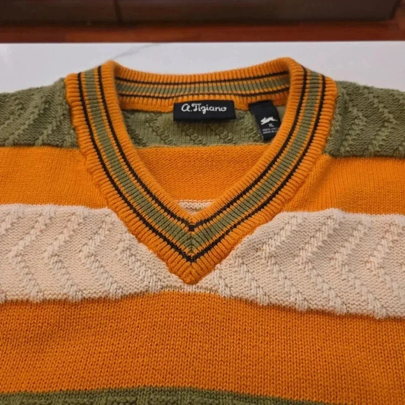 VTG A. Tagiano Y2K V-Neck Striped Cotton Sweater Green Orange Size Mens XL - Picture 5 of 10